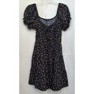 HESPERUS Black Floral Puff Sleeve Milkmaid Mini Dress Juniors M Dark Cottagecore